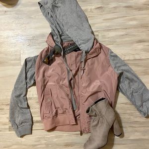🆕 Pink and Gray Hoodie Crop Bomber Jacket